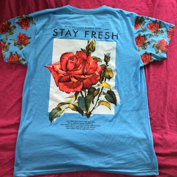 Blue tee with rose design on arms and back. Size: LARGE. Brand: fresh laundry - Picture 2 of 2